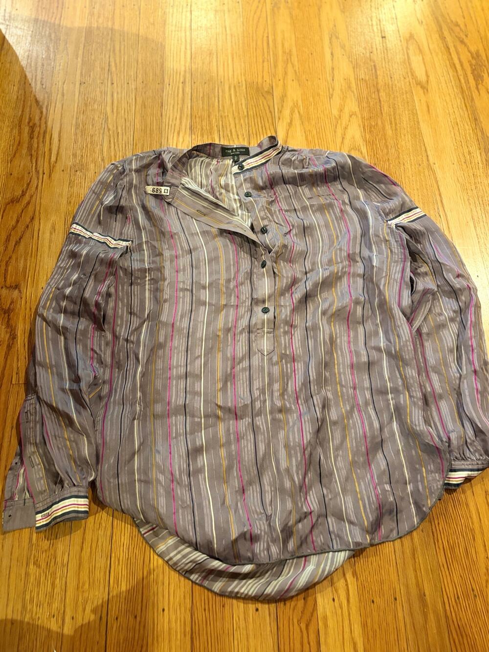 Rag & Bone New York Women’s Small Striped Popover Blouse Band Collar Long Sleeve
